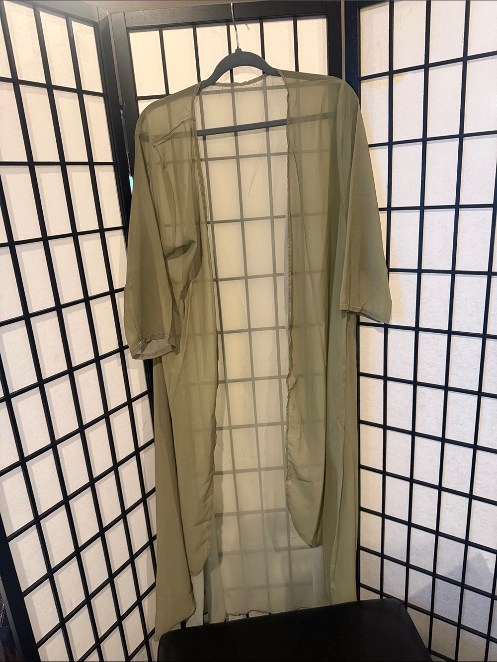 Olive Green Sheer Open-Front Duster Jacket